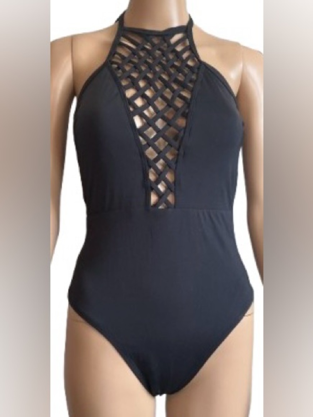 Kenneth Cole New York Lattice Front Halter One-Piece - Size L - Picture 2 of 6